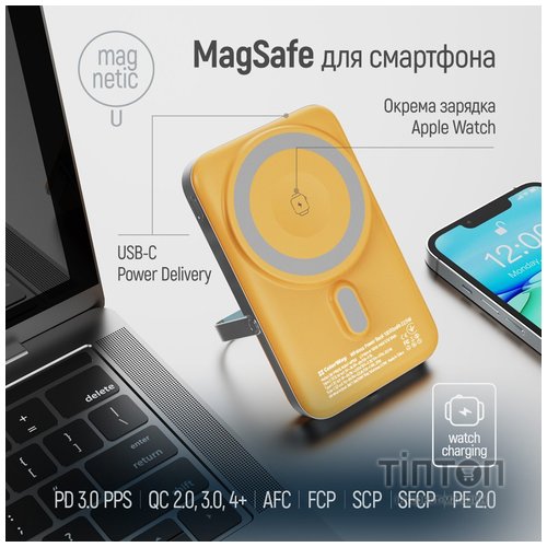 Батарея універсальна ColorWay 10 000 mAh PD/22.5W, 15W MagSafe & Watch Wireless Amber (CW-PB100LPA2Y-WPDD)