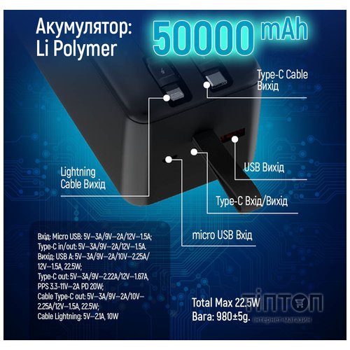 Універсальна мобільна батарея ColorWay Digital Display 50000mAh Black (CW-PB500LPC5BK-PDD)