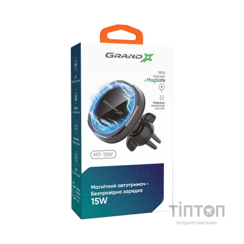Універсальний автотримач Grand-X MT-15W MagSafe з зарядкою 15W (кріплення на дефлектор) (MT-15W)