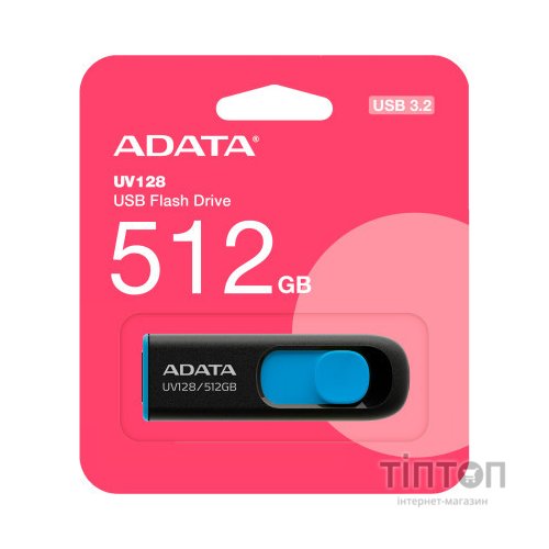 USB флеш накопичувач ADATA 512GB AUV 128 Black/Blue USB 3.2 (AUV128-512G-RBE)