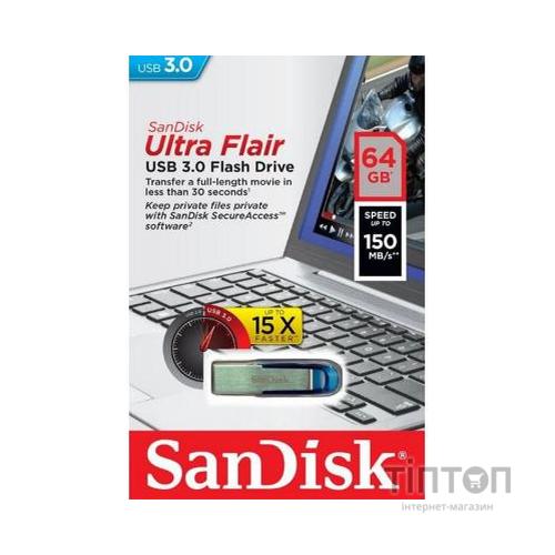USB флеш накопичувач SanDisk 64GB Ultra Flair Blue USB 3.0 (SDCZ73-064G-G46B)