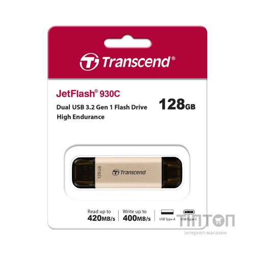 USB флеш накопичувач Transcend 128GB JetFlash 930 Gold-Black USB 3.2/Type-C (TS128GJF930C)