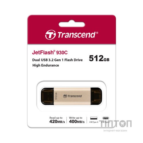 USB флеш накопичувач Transcend 512GB JetFlash 930C Gold-Black USB 3.2/Type-C (TS512GJF930C)