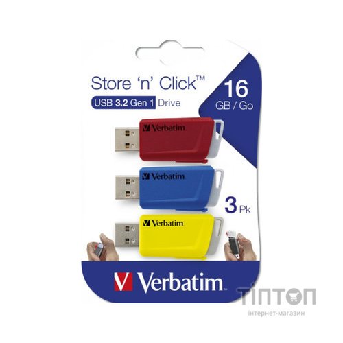 USB флеш накопичувач Verbatim 3x16GB Store 'n' Click Red/Blue/Yellow USB 3.2 (49306)