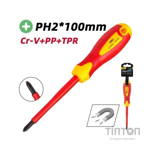 Викрутка Deli ізольована хрестова PH2 x 100 мм (EDL516100)
