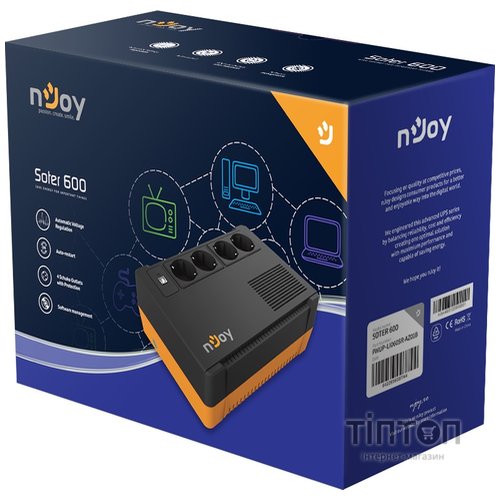 ИБП Njoy Soter 600 (PWUP-LI060SR-AZ01B), Lin.int., 4 x Schuko, USB, пластик