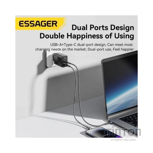 Зарядний пристрій 1xUSB-C + 1xUSB 33W Essager (ECTAC-PCB01-P)