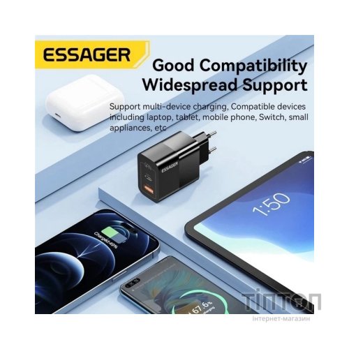 Зарядний пристрій 1xUSB-C + 1xUSB 33W Essager (ECTAC-PCB01-P)