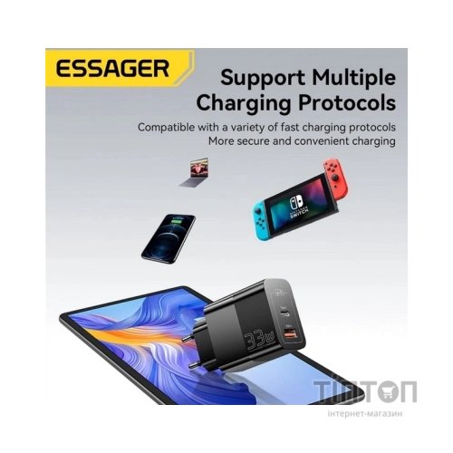Зарядний пристрій 1xUSB-C + 1xUSB 33W Essager (ECTAC-PCB01-P)