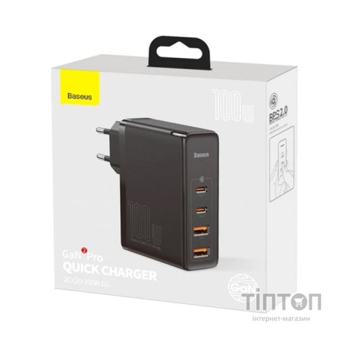 Зарядний пристрій Baseus 2xUSB 100W GaN (2xUSB-C+2xUSB-A) black (CCGAN2P-L01)