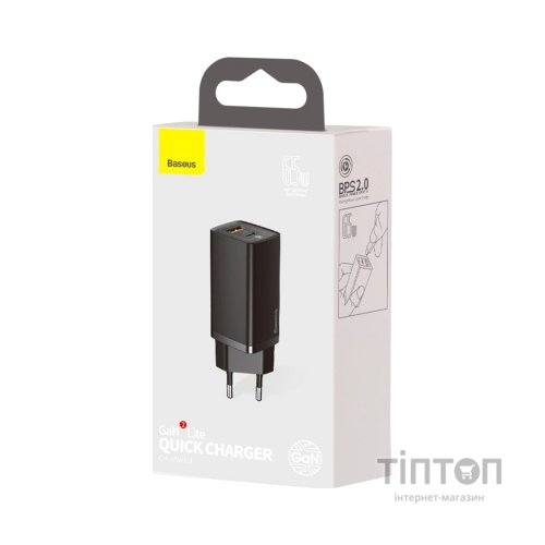 Зарядний пристрій Baseus 2xUSB 65W GaN (USB-C+USB-A) black (CCGAN2L-B01)
