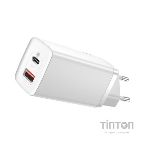 Зарядний пристрій Baseus 2xUSB 65W GaN (USB-C+USB-A) white (CCGAN2L-B02)