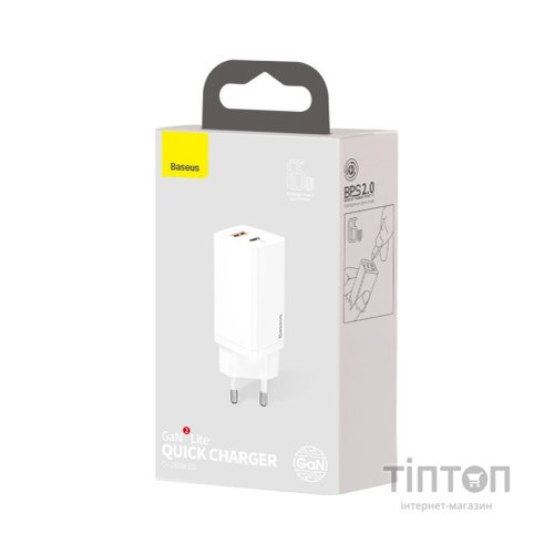 Зарядний пристрій Baseus 2xUSB 65W GaN (USB-C+USB-A) white (CCGAN2L-B02)