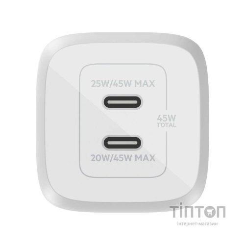 Зарядний пристрій Belkin 45W 2хUSB-С GAN PD PPS white (WCH011VFWH)