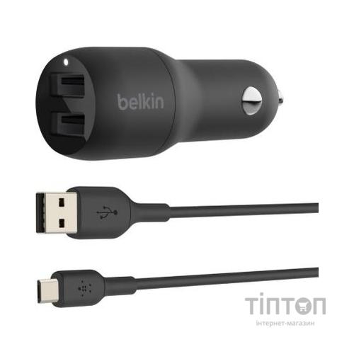 Зарядний пристрій Belkin Car Charger 24W Dual USB-A, USB-A - MicroUSB, 1m, black (CCE002BT1MBK)