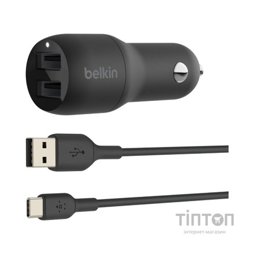 Зарядний пристрій Belkin Car Charger (24W) Dual USB-A, USB-A - USB-C, 1m, black (CCE001BT1MBK)
