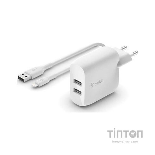 Зарядний пристрій Belkin Home Charger 24W DUAL USB 2.4A, Lightning 1m, white (WCD001VF1MWH)