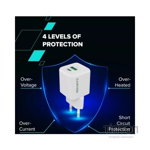 Зарядний пристрій Canyon CU20AC GaN 20W 1xPD 1xQC EU White (CNS-CUW20AC)