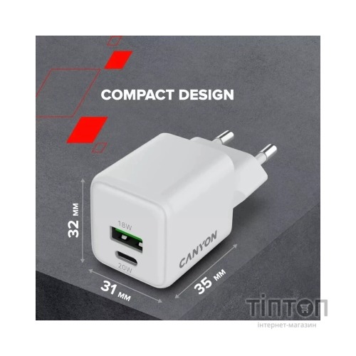 Зарядний пристрій Canyon CU20AC GaN 20W 1xPD 1xQC EU White (CNS-CUW20AC)