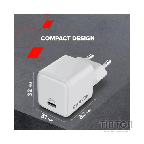 Зарядний пристрій Canyon CU20C GaN 20W 1xPD EU White (CNS-CUW20C)