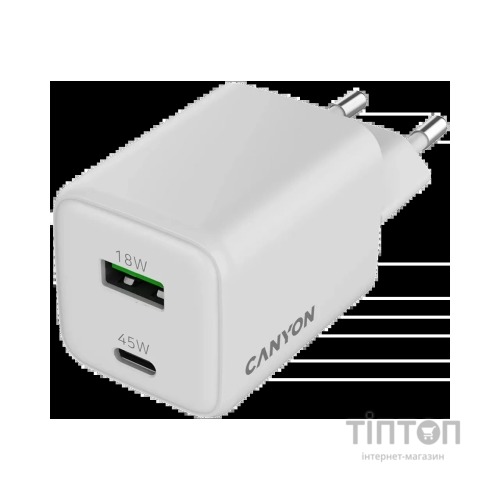 Зарядний пристрій Canyon CU45AC GaN 45W 1xPD 1xQC EU White (CNS-CUW45AC)