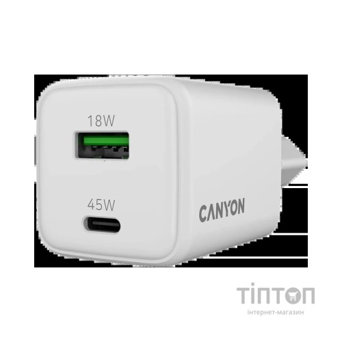 Зарядний пристрій Canyon CU45AC GaN 45W 1xPD 1xQC EU White (CNS-CUW45AC)