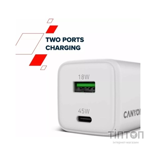 Зарядний пристрій Canyon CU45AC GaN 45W 1xPD 1xQC EU White (CNS-CUW45AC)