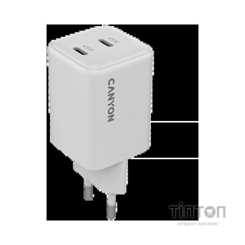 Зарядний пристрій Canyon CU45CC GaN 45W 2xPD EU White (CNS-CUW45CC)