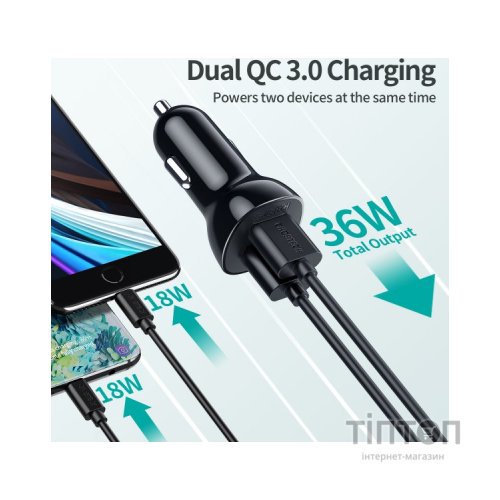 Зарядний пристрій Choetech car 2хUSB-A 36W QC black (C0051-BK)