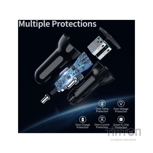 Зарядний пристрій Choetech car 2хUSB-A 36W QC black (C0051-BK)