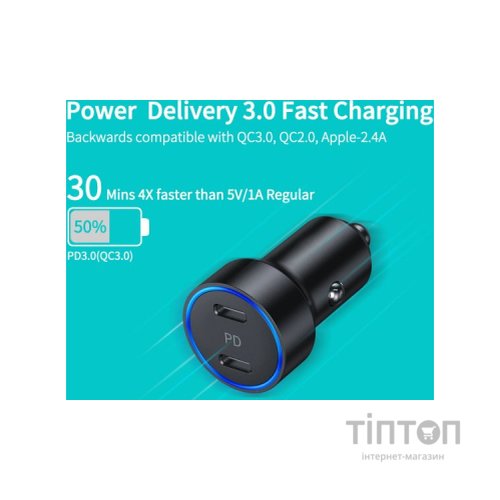 Зарядний пристрій Choetech car 2хUSB-C 40W PD black (С0054-BK)