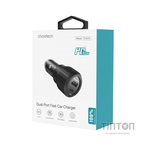 Зарядний пристрій Choetech car USB-A/USB-C 63W QC3.0/PD/PPS black (TC0010-BK)