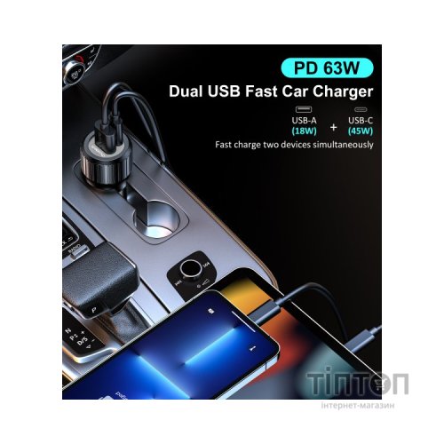 Зарядний пристрій Choetech car USB-A/USB-C 63W QC3.0/PD/PPS black (TC0010-BK)