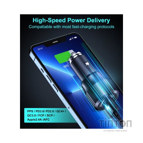 Зарядний пристрій Choetech car USB-A/USB-C 63W QC3.0/PD/PPS black (TC0010-BK)
