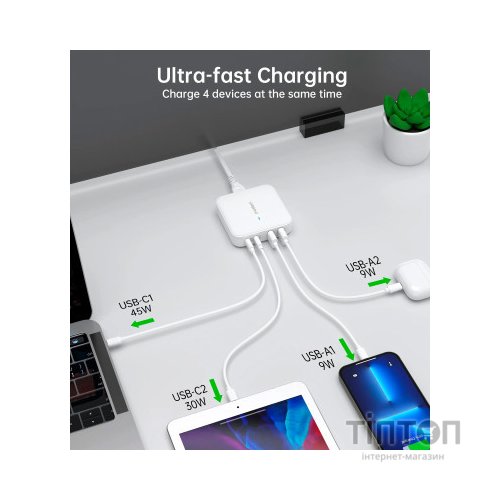 Зарядний пристрій Choetech GaN 2 USB-A / 2 USB-C 100W QC3.0/PD/PPS (PD8008-EU-WH)