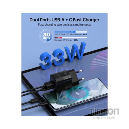 Зарядний пристрій Choetech GaN USB-A/USB-C 33W QC3.0/PD/PPS (PD5006-EU-BK)