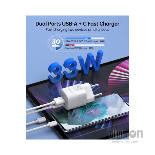 Зарядний пристрій Choetech GaN USB-A/USB-C 33W QC3.0/PD/PPS (PD5006-EU-WH)
