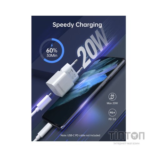 Зарядний пристрій Choetech GaN USB-C 20W QC3.0/PD/PPS (PD5010-EU-WH)