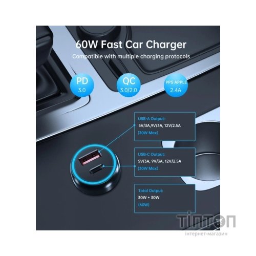 Зарядний пристрій Choetech USB-C+USB-A 60W QC3.0/PD/PPS black (TC0014-BK)