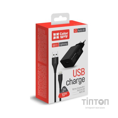 Зарядний пристрій ColorWay 1USB AUTO ID 2A (10W) black + cable Lightning (CW-CHS012CL-BK)