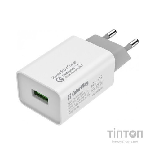 Зарядний пристрій ColorWay 1USB Huawei Super Charge/Quick Charge 3.0, 4A (20W) (CW-CHS014Q-WT)