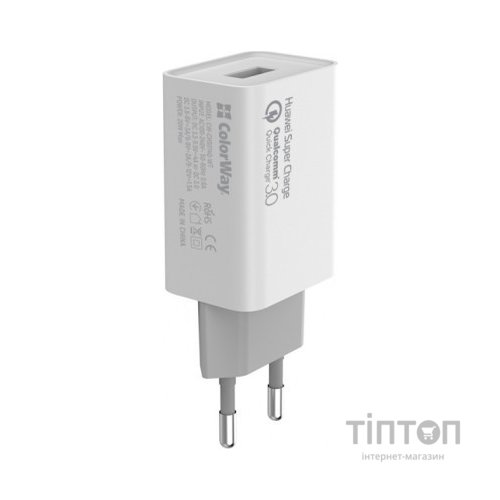 Зарядний пристрій ColorWay 1USB Huawei Super Charge/Quick Charge 3.0, 4A (20W) (CW-CHS014Q-WT)