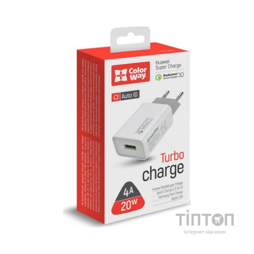 Зарядний пристрій ColorWay 1USB Huawei Super Charge/Quick Charge 3.0, 4A (20W) (CW-CHS014Q-WT)