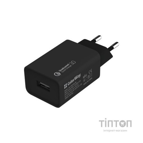 Зарядний пристрій ColorWay 1USB Quick Charge 3.0 (18W) black (CW-CHS013Q-BK)