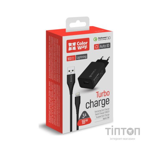 Зарядний пристрій ColorWay 1USB Quick Charge 3.0 (18W) black + cable Lightning (CW-CHS013QCL-BK)