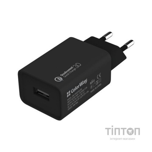 Зарядний пристрій ColorWay 1USB Quick Charge 3.0 (18W) black + cable micro USB (CW-CHS013QCM-BK)