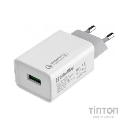 Зарядний пристрій ColorWay 1USB Quick Charge 3.0 (18W) (CW-CHS013Q-WT)