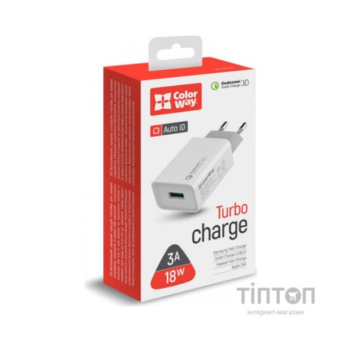 Зарядний пристрій ColorWay 1USB Quick Charge 3.0 (18W) (CW-CHS013Q-WT)
