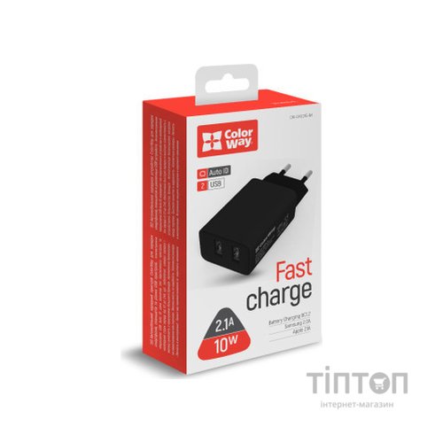 Зарядний пристрій ColorWay 2USB AUTO ID 2.1A (10W) black (CW-CHS015-BK)