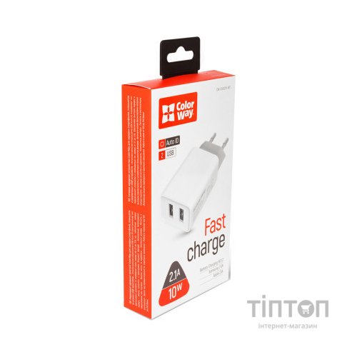 Зарядний пристрій ColorWay 2USB AUTO ID 2.1A (10W) (CW-CHS015-WT)